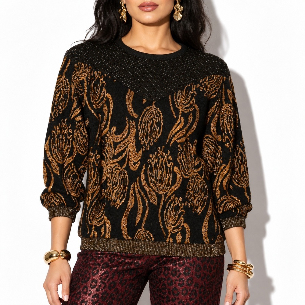 80s Vintage Black Gold Metallic Feather Sweater Womens L Dolman Sleeve Relaxed